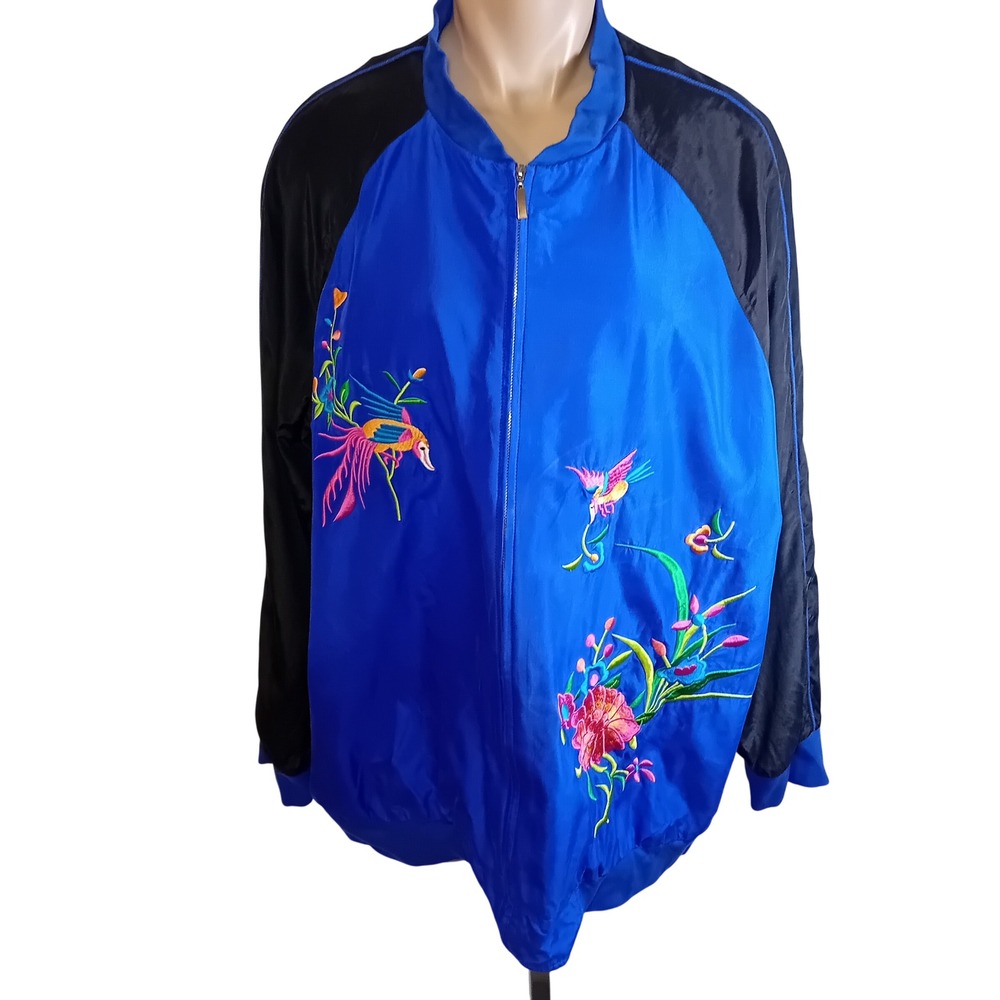 Vintage Diane Gilman Silk Embroidered Bomber Jacket Tropical Bird Floral Plus 2x